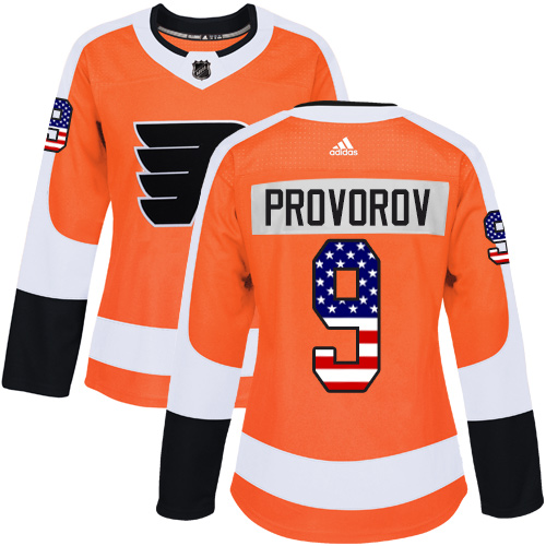 Adidas Flyers #9 Ivan Provorov Orange Home Authentic USA Flag Women's Stitched NHL Jersey